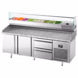 Table réfrigérée à pizza Premium PLUS - 1980x700 mm - avec 2 portes & 2 tiroirs - incl. vitrine réfrigérée - 9x GN 1/4