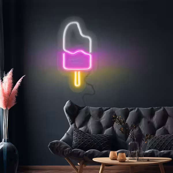 LED Neon Sign - Ice Cream - White/Pink/Yellow - 450x203mm