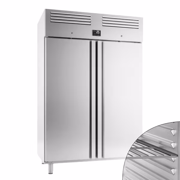 Armadio frigorifero in acciaio inox PREMIUM PLUS - GN 2/1 - 1240L - fino a +8°C - con 2 porte - ventilato; LED; HACCP; porte autochiudenti; serratura