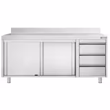 Arbetsbänk med skåp i rostfritt stål PREMIUM - 2000x700 mm - med 2 skjutdörrar, 3 lådor höger