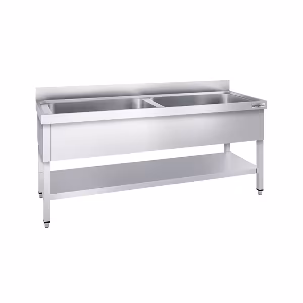 Fregadero para ollas de acero Inox. con estante inferior - 1,6 m - 2 fregaderos L 70 x B 50 x T 35 cm