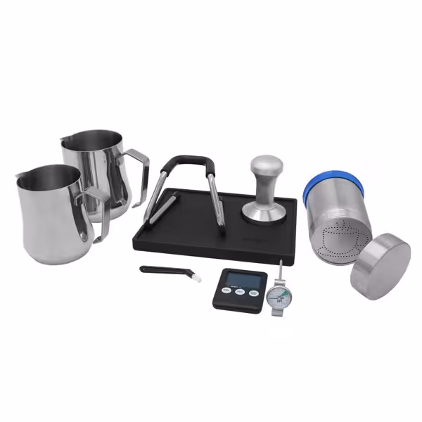 Baristakit - inkl. mjölkkanna 0,35 l, mjölkkanna 0,6 l, tamper 58 mm, tamperställ, mjölktermometer, rengöringsborste, timer & stencils