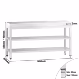 Mesa de trabalho em aço inoxidável PREMIUM - 1600x800mm - com prateleira inferior & com prateleira intermédia & com travessas de reforço