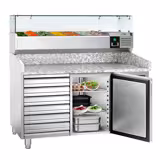 Table réfrigérée à pizza ECO - 1500 x 800 mm - avec 1 porte et 7 tiroirs - incl. vitrine réfrigérée - 7 x GN 1/4