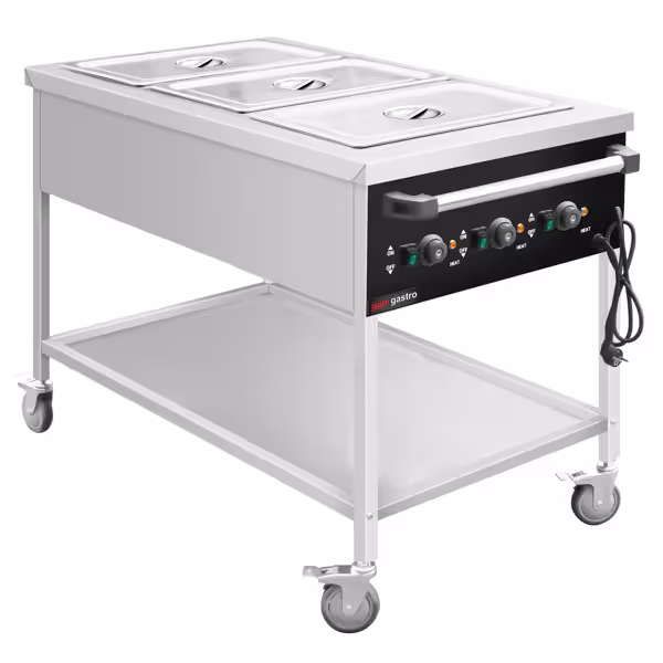 Bain-marie wagen - 3 kW - 3x GN 1/1 - temperatuur per bad afzonderlijk regelbaar - met aftapkraan