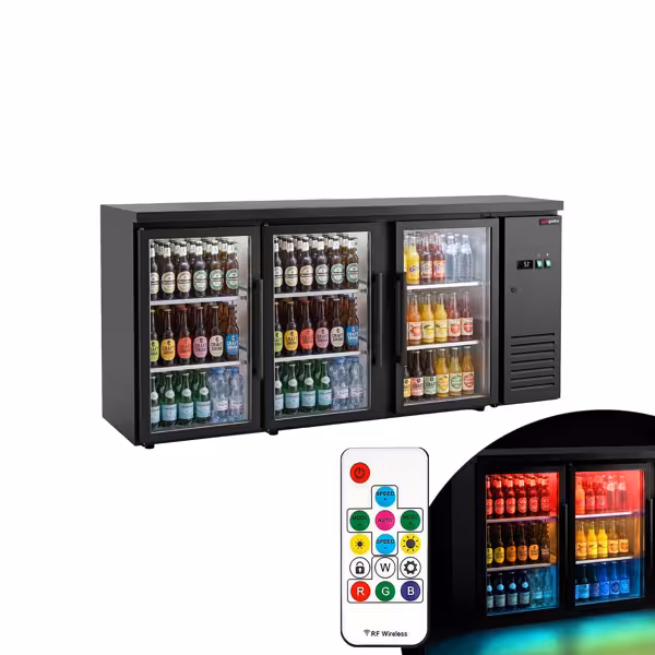 Bar- & Getränkekühltisch Premium - 2000mm - mit 3 Glastüren & RGB-LED Licht