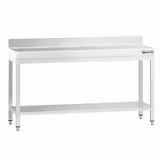 Mesa de trabalho PREMIUM - em Aço Inoxidável  - 1,8 m - com estrutura e prateleira de base e com rebordo posterior
