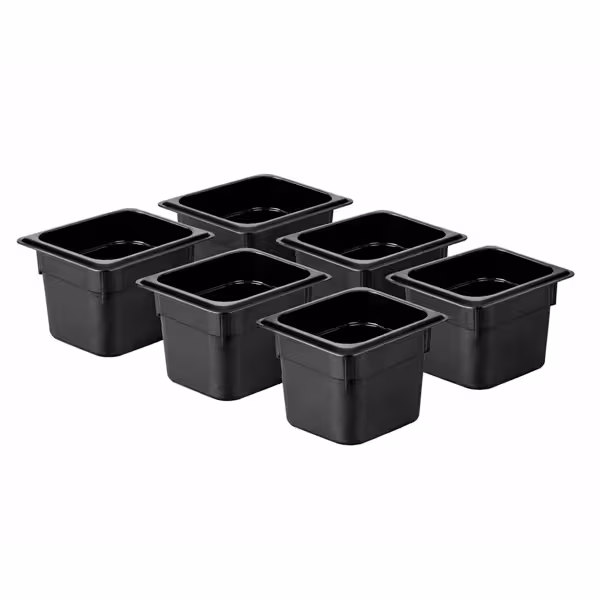 (6 pièces) Bac en Polycarbonate GN 1/6 - Noir - Hauteur : 150 mm