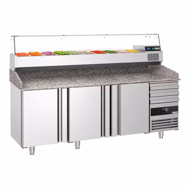 Pizzakühltisch PREMIUM - 2150x800mm - mit 3 Türen & 3 Schubladen - inkl. Kühlaufsatzvitrine - 10x GN 1/3