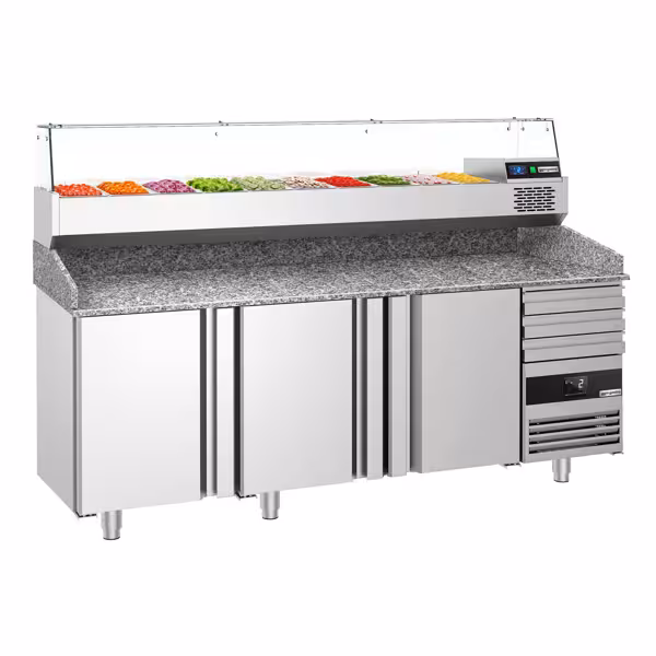 طاولة تحضير بيتزا مبردة PREMIUM - 2150x800 mm - مع 3 أبواب و 3 أدراج - سطح عمل جرانيت - شامل وحدة تبريد علوية - 10x GN 1/3