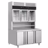 Mostrador refrigerado con estante de refrigeración de pared - 1350x800mm - vitrina expositora con 3 puertas de cristal (superior) - 3 puertas inferiores - GN 1/1 y GN 2/3 - doble acristalamiento