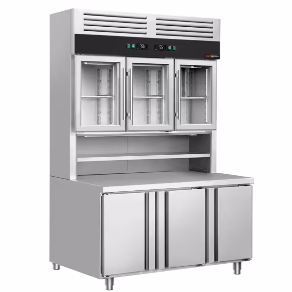 Mostrador refrigerado con estante de refrigeración de pared - 1350x800mm - vitrina expositora con 3 puertas de cristal (superior) - 3 puertas inferiores - GN 1/1 y GN 2/3 - doble acristalamiento