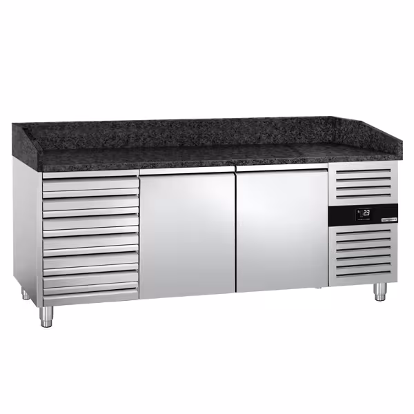 طاولة تحضير بيتزا مبردة PREMIUM - 2000x800 mm - مع بابان و 7 أدراج - سطح عمل جرانيت
