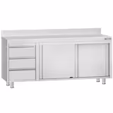 Paslanmaz Çelik Dolaplı Çalışma Tezgahı ECO - 2000x600mm - ile Sürgülü Kapılı & Taban Raflı & Ara Raflı & Sol 3 Çekmeceli & Sırt