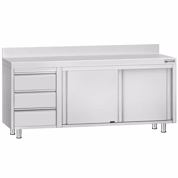 Gesloten RVS werktafel ECO - 2000x600mm - met 2 schuifdeuren, 3 laden links - met achteropstand