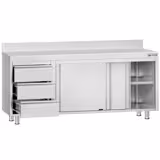 Mesa armario inox ECO - 2000x600mm - con estante intermedio | con 3 cajones izquierda & con peto
