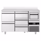 Mesa frigorífica para bar e bebidas PREMIUM - 1580x600mm - 365L - com 5 gavetas, alçado traseiro e batente para borras