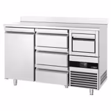 Commercial Back Bar Bottle Cooler PREMIUM - 1580x600mm - 365L - with 1 Door & 3 Drawers, upstand & knock box for coffee - Stainless Steel