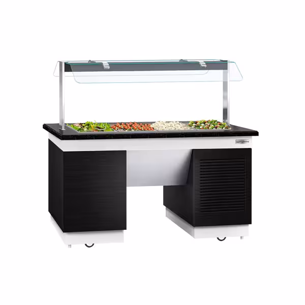 Black Refrigerated Buffet Counter with Cold Well – 1600 mm – 4x GN 1/1 – to -2°C – Mobile on Castors