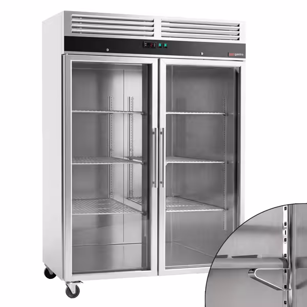 Nerezová chladicí skříň ECO - 1480 mm - 1200 l - až +8 °C - s 2 skleněné dveře - Digitální termostat; Uzamykatelné dveře; Ventilované chlazení; Automatické odmrazování; Kolečka