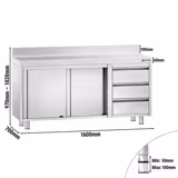 Stainless Steel Floor Cupboard PREMIUM - 1600x700mm - with Sliding Doors, with 3 Drawers right & Upstand