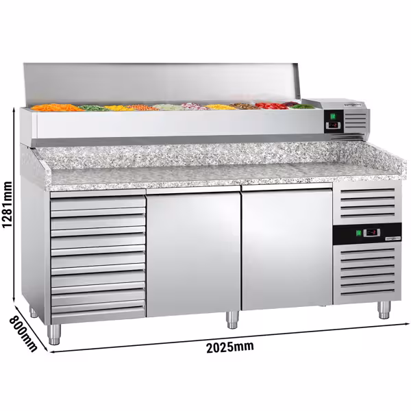 Pizza koelwerkbank PREMIUM - 2000x800mm - met 2 deuren & 7 laden - incl. koelopzetvitrine - 9x GN 1/3