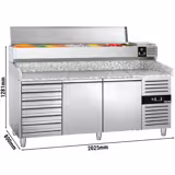 Pizzawerkbank PREMIUM - 2000x800mm - met granieten werkblad - met 2 deuren & 7 laden - incl. glasvitrine LED - 9x GN 1/3