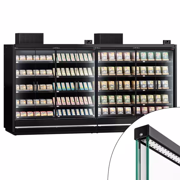 Commercial supermarket wall-mounted refrigerated display shelving - 3750 mm - with double-glazed frameless doors and 5 shelves - pack of 2