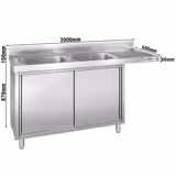 Commercial Dishwasher Sink with Cupboard PREMIUM - 2000x600mm - 2 Bowls, Left-Hand Bowl