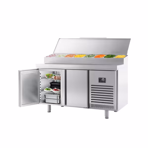 Zubereitungskühltisch - 1468x600mm - mit 2 Türen - Edelstahlaufsatz 8x GN 1/4