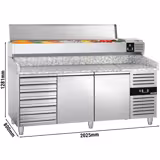 Pizzawerkbank PREMIUM - 2025x800mm - granieten werkblad - met 2 deuren & 7 laden - incl. koelopzetvitrine LED - 10x GN 1/4