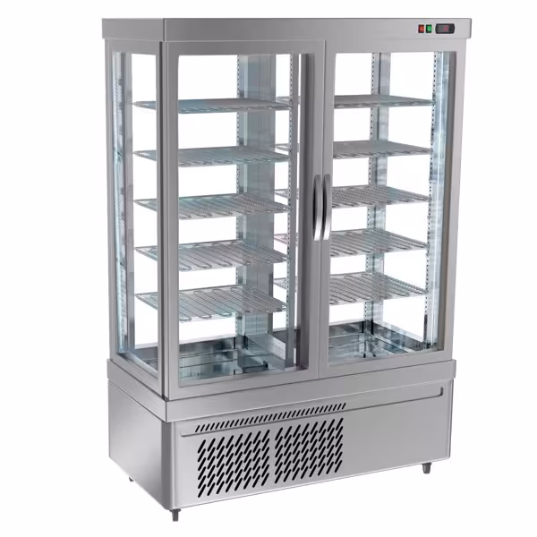 Vetrina Refrigerata Verticale 4 Lati Vetro – Panoramica Professionale - 935l - 1320mm - 2 porte a battente in vetro - con 10 ripiani - 4 lati vetro; LED interni - Argento