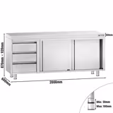 Stainless Steel Work Table PREMIUM - 2000x600mm - with Sliding Doors - with 3 Drawers left