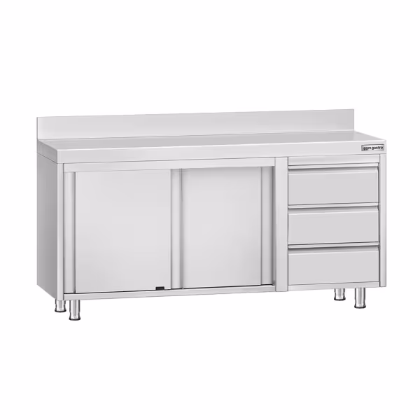 Szafka robocza ze stali nierdzewnej ECO - 1600x600 mm - z 3 szufladami po prawej stronie i panelem tylnym