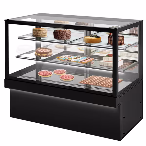 Vetrina pasticceria refrigerata TORONTO - per pasticceria - 1800mm - Doppio vetro; porte scorrevoli in vetro a specchio - con 3 ripiani - LED interni ed esterni - Nero