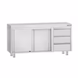 Table armoire en acier inoxydable ECO - 1600x700mm - avec portes coulissantes et 3 tiroirs à droite