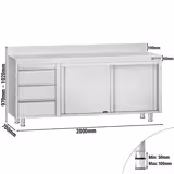 Table armoire en acier inoxydable ECO - 2000x700mm - avec 3 tiroirs à gauche et portes coulissantes - avec dosseret