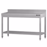 Mesa de trabalho em aço inoxidável ECO - 1400x600mm - com prateleira inferior & com painel traseiro & com travessas de reforço
