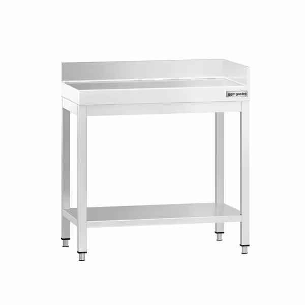 Edelstahl Eckarbeitstisch PREMIUM - 600x600mm - mit Grundboden & Aufkantung hinten + rechts
