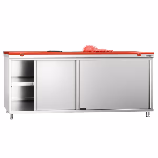 Table armoire en acier inoxydable PREMIUM - 2000x700mm - avec portes coulissantes et étagère basse - pour viandes crues - incl. plateau de découpe Rouge PEHD (HACCP)
