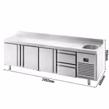 Commercial Counter Fridge PREMIUM PLUS - 2452x600mm - with sink - with 3 doors - 2 drawers (1/2) - with upstand