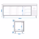 Chladicí stůl PREMIUM PLUS - 2452x700x950 mm - 625 l - s 3 dveřmi - s 3 zásuvkami - se zadním lemem