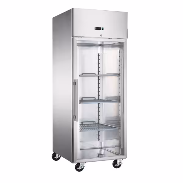 Bäckerei-Tiefkühlschrank Edelstahl ECO - EN 600x800 - 600 Liter - mit 1 Glastür, Schienen & Tragroste