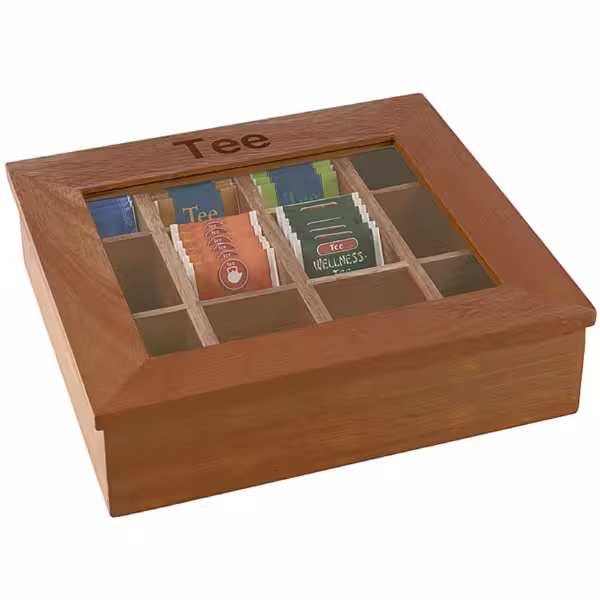 Scatola porta bustine da tè in legno - a 12 scomparti - coperchio con finestra - senza incisione - Marrone scuro