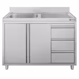 Diskbänk med underskåp - rostfritt stål - 1200x600 mm - 3 lådor - med 1 ho - vänster