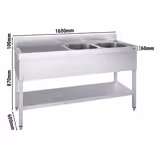 Fregadero industrial de acero inoxidable PREMIUM - 1600x600mm - con estante inferior - con 2 senos a la derecha