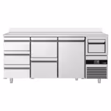 Arrière-bar réfrigéré professionnel PREMIUM - 2130 x 600 mm - avec 1 porte et 5 tiroirs - avec dosseret - avec tiroir à marc de café