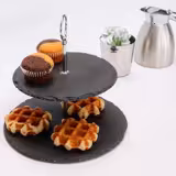 Etajeră de bufet - 2 nivele - rotundă - cadru din metal cromat - etaje din ardezie