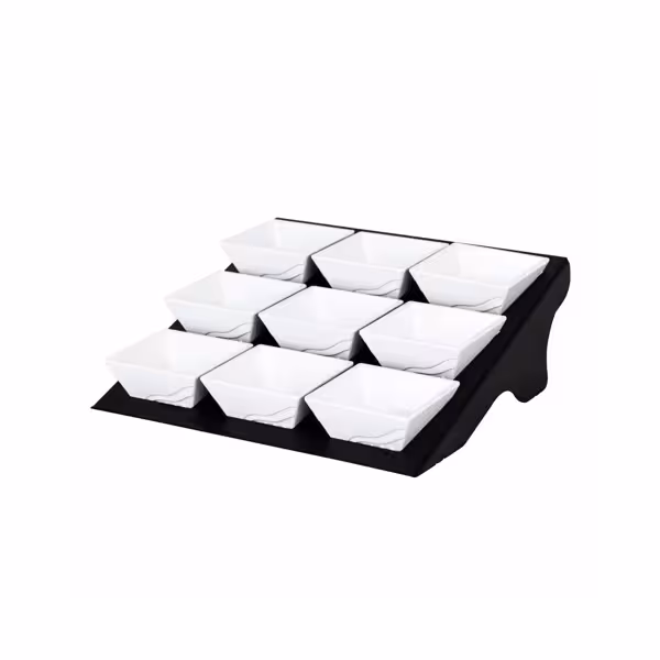 Buffetstandaard - zwart gecoat RVS & melamine - rechthoekig/hoekig - 9-laags - kommetjes 90x90mm - incl. 9 melamineschaaltjes