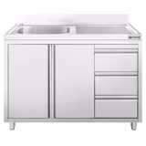 Dřezová skříňka ECO - nerezová ocel - 1200x700 mm - se 3 zásuvkami - křídlové dveře - s odkapávací plochou vpravo - s 1 dřezem vlevo